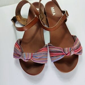 MIA Addilynn fabric knot sandals featuring a multi-color striped bow